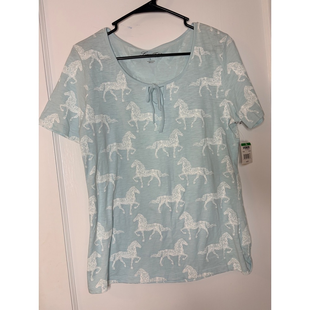 New Legacy Falls‎ Women's Blue Horse Print Tie Neck Summer Equestrian Size L